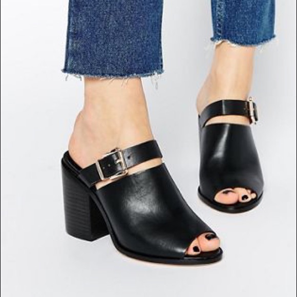 ASOS Hendon Black Slip On Mules Gold Buckle - Picture 1 of 7